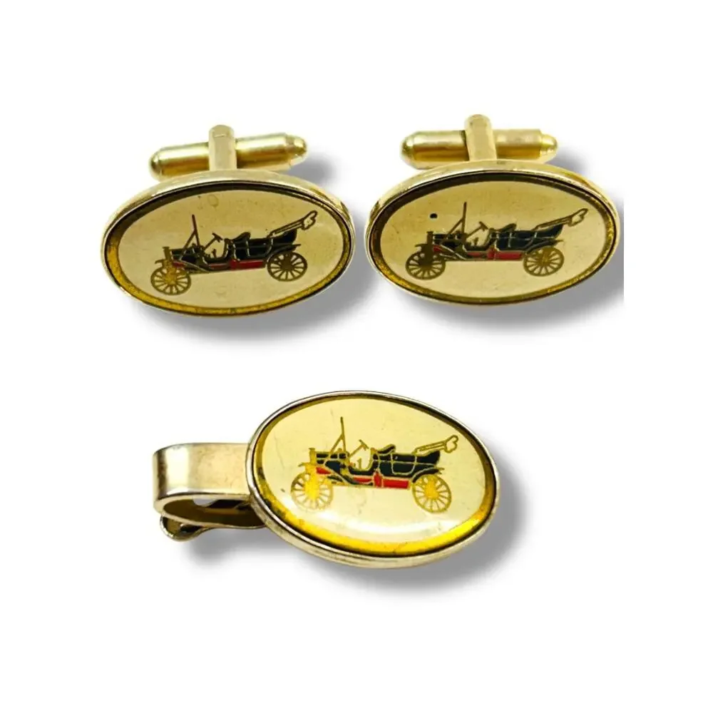 Vintage Cufflink and Tie Clip Bar Set Antique Car Bullet Back